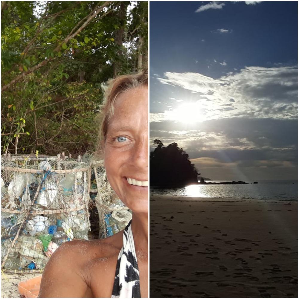 (Left) Volunteer Natalie Poole stands in front of fishing traps she used for recycling stations. (Right) Sunset on Kyun Pila, one of the 800 lush enclaves that dot the Myeik Archipelago. 