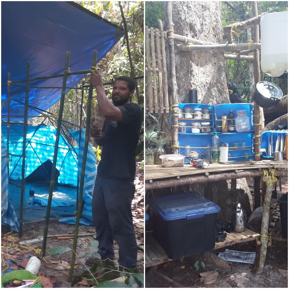 (Left) Coral propagation trainer Jungle Tshongo builds a hut in the jungle. (Right) The team's cooking area, built from wood and washed-up plastic.