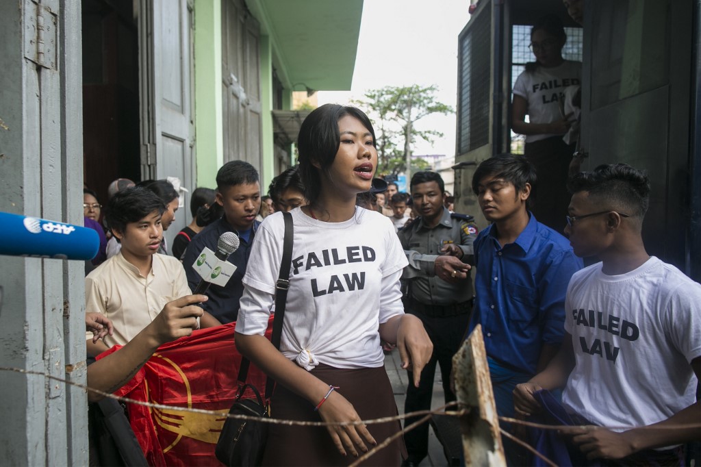 Kay Khine Tun, a performer of Peacock Generation group speaks to journalists peak after a trial in Yangon on November 18, 2019. (Sai Aung Main / AFP)