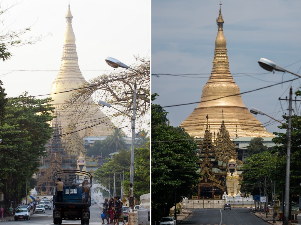 Thingyan celebrations on April 13, 2014 (L) and a general view showing the Shwedagon pagoda on the first day of Thingyan on April 12, 2020, amid restrictions put in place to halt the spread of the Covid-19. (Ye Aung Thu / AFP)