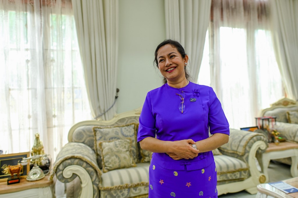  Thet Thet Khine, chairman of the People's Pioneer Party (PPP), talks during an interview in her house in Yangon. (Ye Aung Thu / AFP)
