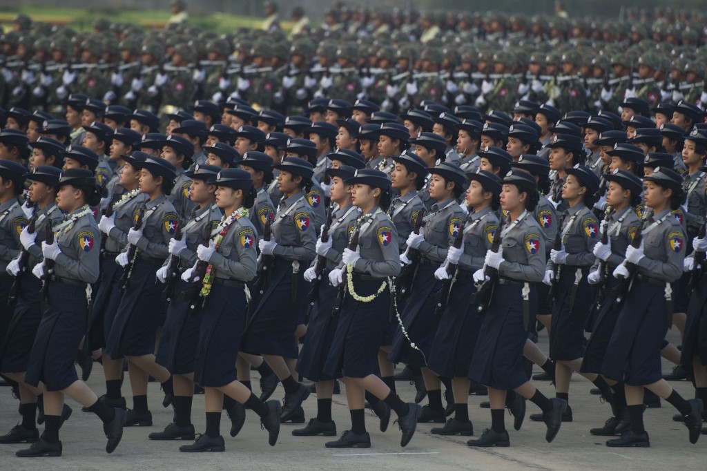 Myanmar police personnel march in formation during a ceremony to mark the 71th anniversary of Armed Forces Day in Myanmar's capital Naypyidaw on March 27, 2016. (Ye Aung Thu / AFP)
