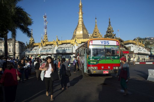 A Yangon Bus Service (YBS) bus near Sule Pagoda in downtown Yangon. (Ye Aung Thu / AFP)