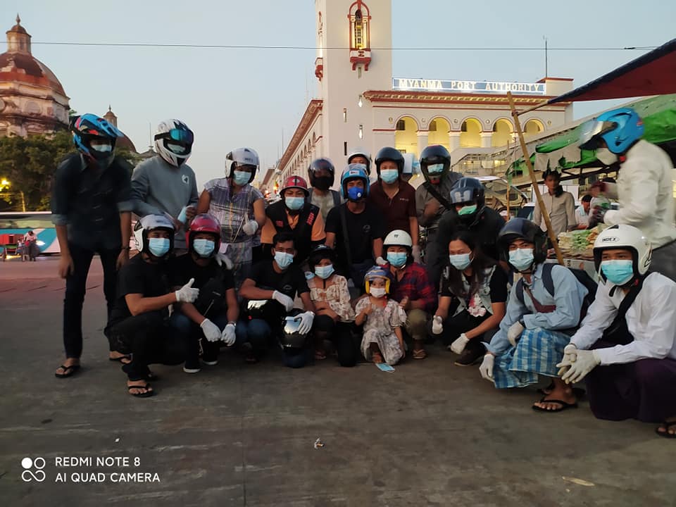 Members of activist group Yangon Bikers’ Revolution campaign near Pansodan Jetty in Yangon on January 18. (Supplied)