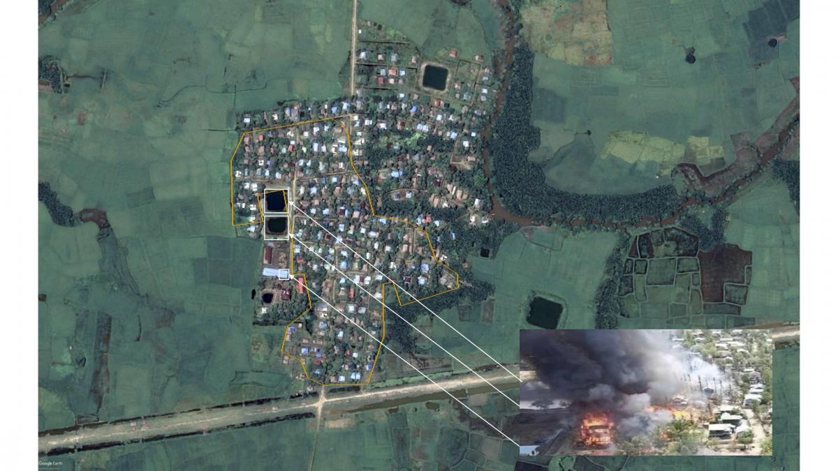 Human Rights Watch has identified the geolocation of burned buildings in Let Kar village, Rakhine State. The yellow outline estimates the extent of the damage from fire, based on satellite imagery. Damage analysis by Human Rights Watch; satellite imagery © 2020 Planet Labs