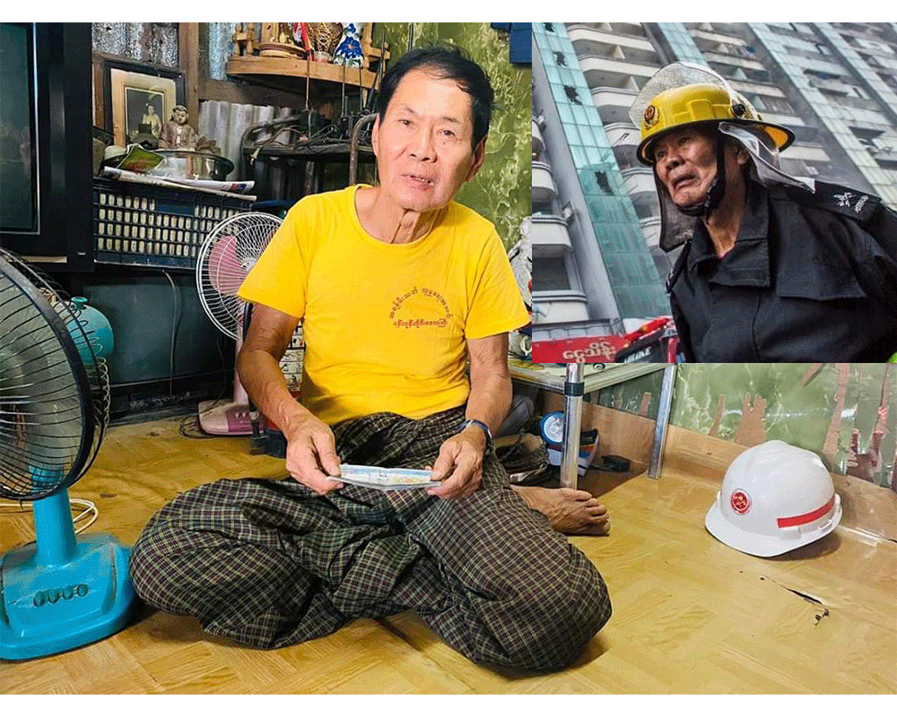 A photo of Yangon firefighter Win Kyi posted on the Needy for Myanmar Facebook page, with an image in the top right corner taken by news outlet The Irrawaddy of the volunteer at the scene of a market blaze last week.