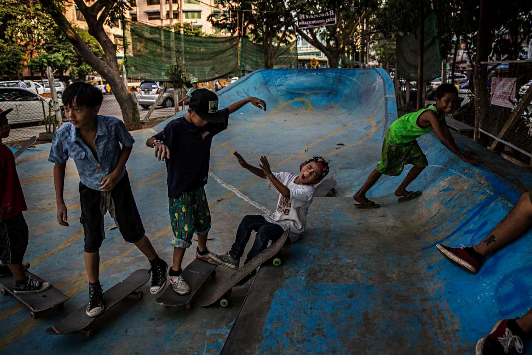 Young skateboarders play at Mya Lay Yone Skate Park in Kamayut township, Yangon. (Pushing Myanmar)