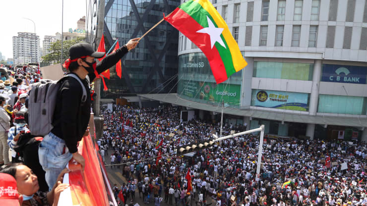 Protesters take part in a demonstration against the military coup in Yangon. (AFP)