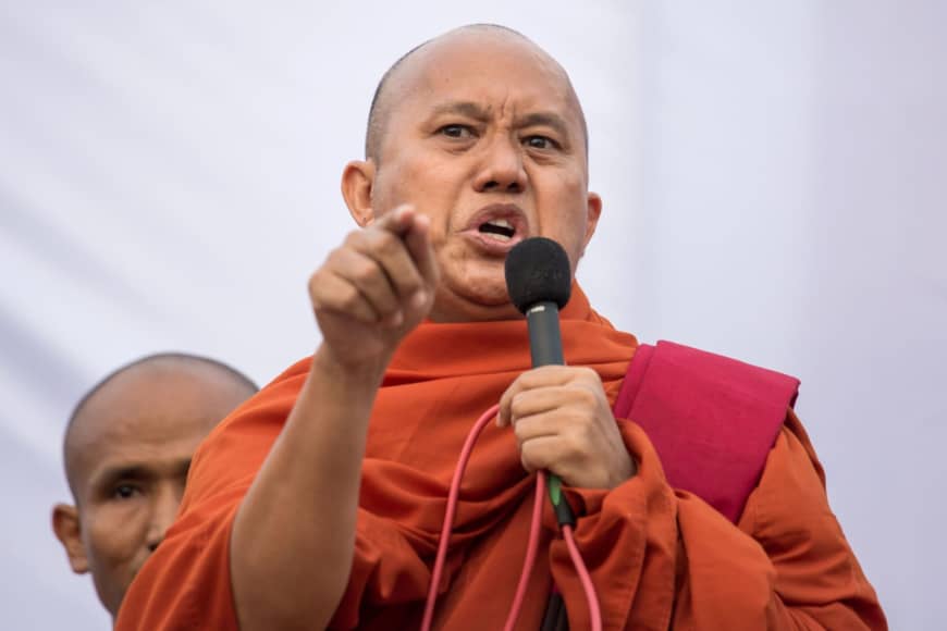  Buddhist monk Wirathu speaks during a rally to show support to the Myanmar military in Yangon on May 5. (AFP)