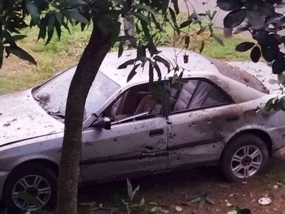 A photo shared on social media purportedly showing a car riddled with bullet holes near the Myanmar army academy in Pyin Oo Lwin. (Lin Thurein)