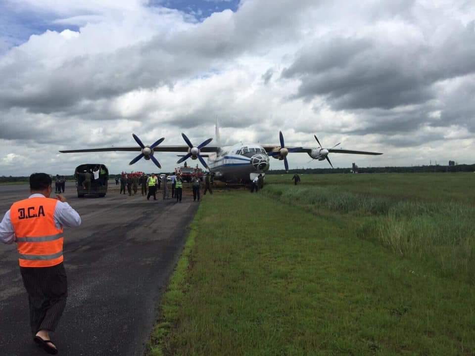 The Y-8 Myanmar military transport plane slide for about 2,300 feet at Yangon airport. (Myanmar Aviation Development Association / Facebook)