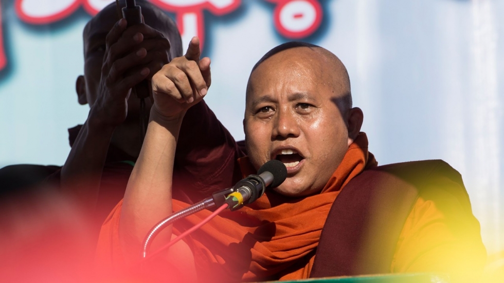 Buddhist monk Wirathu speaks during a rally to show the support to the Myanmar military in Yangon on October 14, (Ye Aung Thu / AFP)