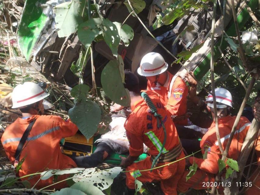 The scene of the accident near the Myanmar-Thai border. (Myanmar Fire Services Department)