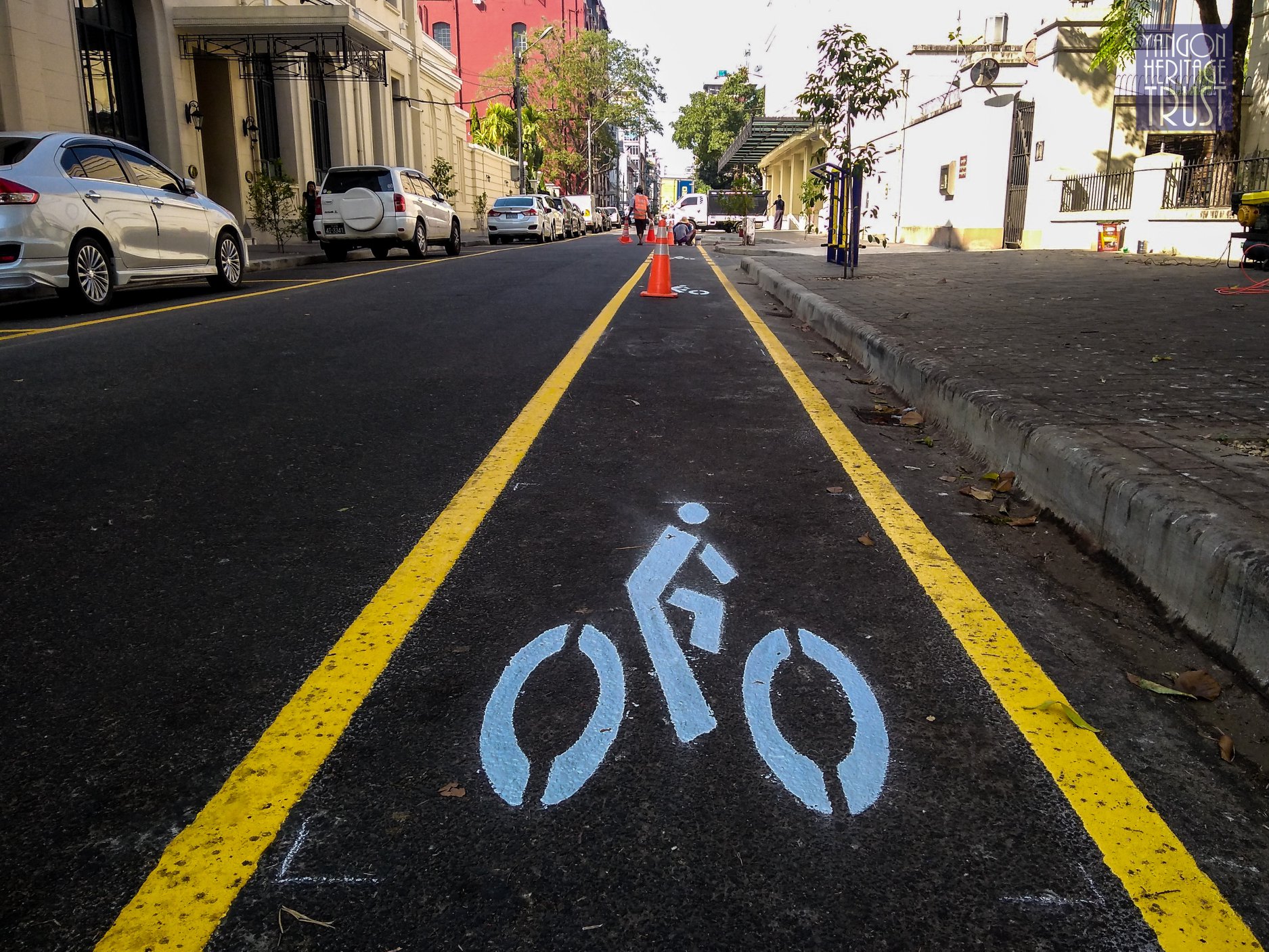 The stretch for cyclists and trishaws on lower Seikkantha Street. (Yangon Heritage Trust)