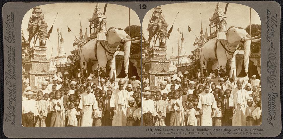 The funeral procession for a senior Buddhist monk at Mandalay circa 1900. (Underwood & Underwood)