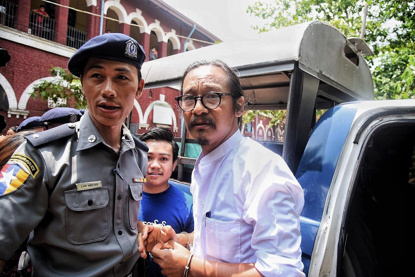 Min Htin Ko Ko Gyi arrives at Insein township court. (Bo Thet Htun / Pyae Shine Ko)