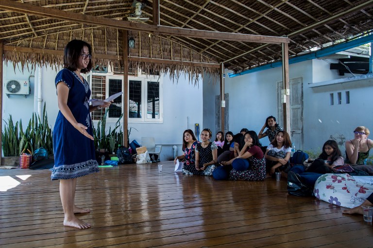 A performer rehearses for Myanmar’s first ever Burmese-language “Vagina Monologues” feminist play in Yangon. (Sai Aung / AFP)