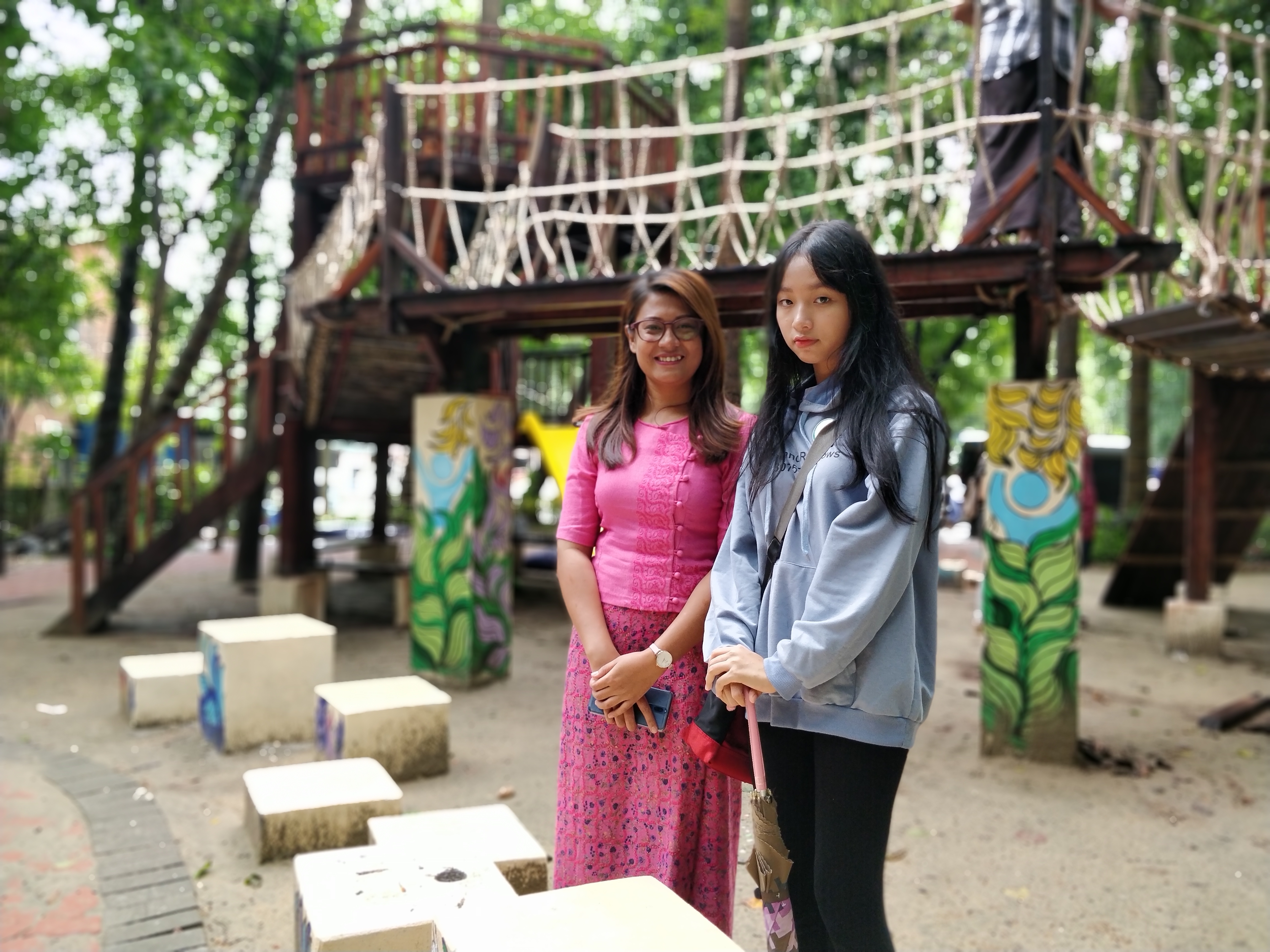 Swe Swe Aung of social enterprise Doh Eain, left, and local teenager Hsu Lin Htet, who helped design the park. (Lorcan Lovett)