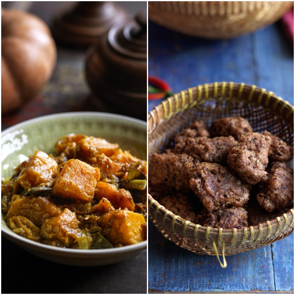 Pumpkin curry and bean fritters—two dishes from “Mandalay: Recipes & Tales from a Burmese Kitchen." (Cristian Barnett)