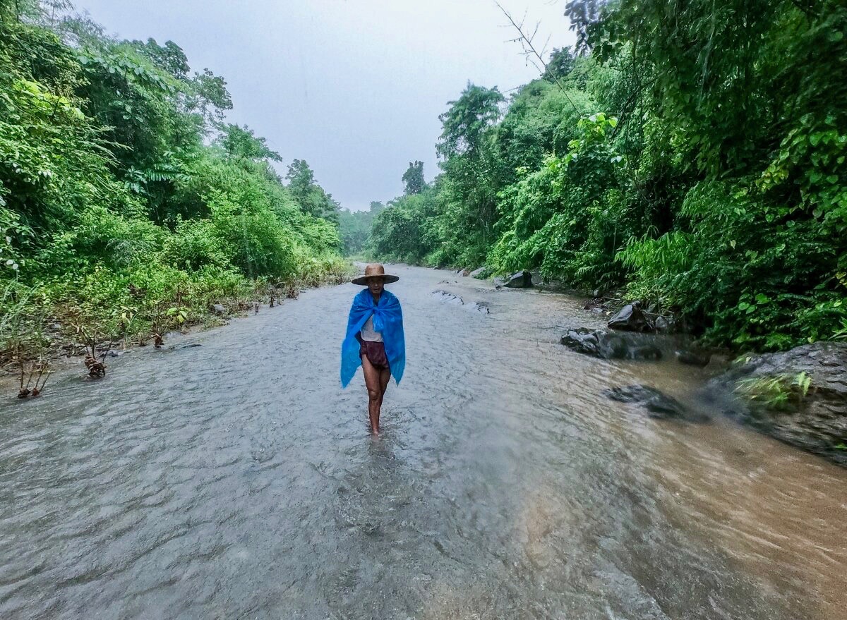 A local farmer leads the way to a huge waterfall buried deep within the mountainous jungle that separates Ayeyarwady region and Rakhine state. (Dominic Horner)