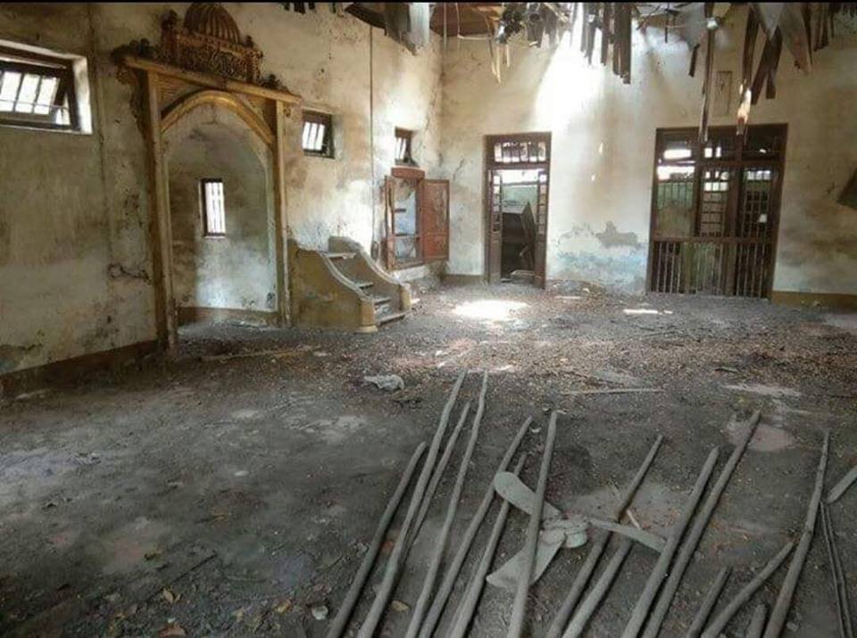 This photo from M Media is described as showing the inside of a damaged mosque in Chauk township. (M Media Group)