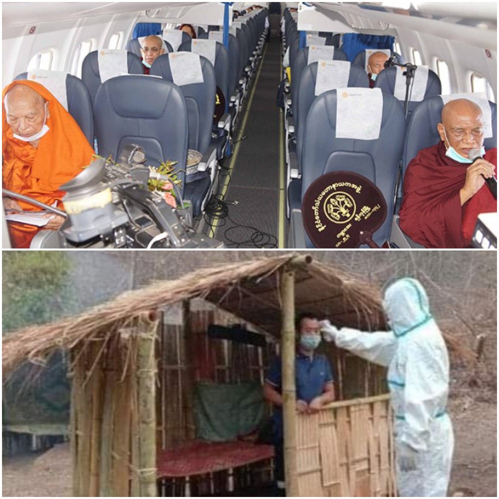 Above: Senior Buddhist monks recite parittas mid-air yesterday. (MNA) Below: A health worker screens a man's temperature in a makeshift quarantine hut. (Matt Walsh / Twitter)
