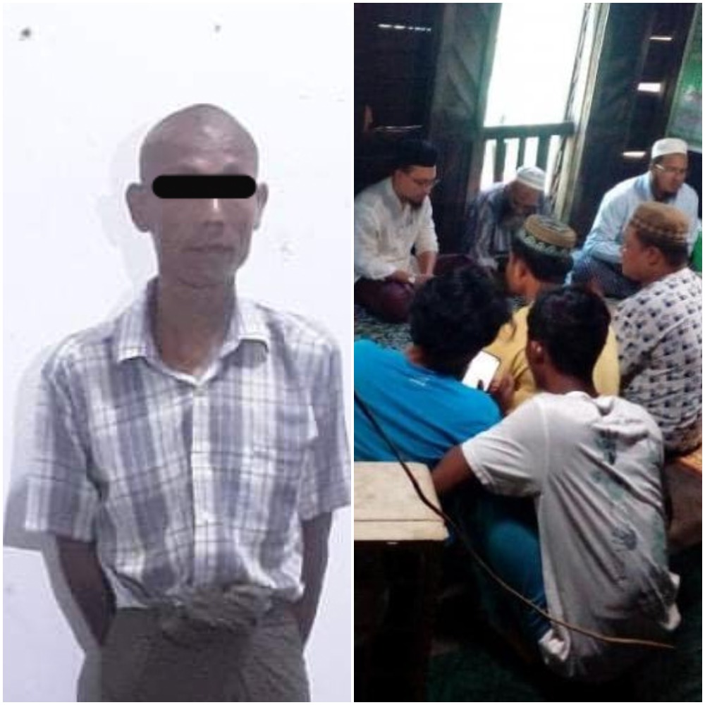 (Left) Suspect Tun Naing Win as shown in a photo published in The Magway Post. (Right) Relatives of Ko Ko Zaw at his funeral in Magway region. 