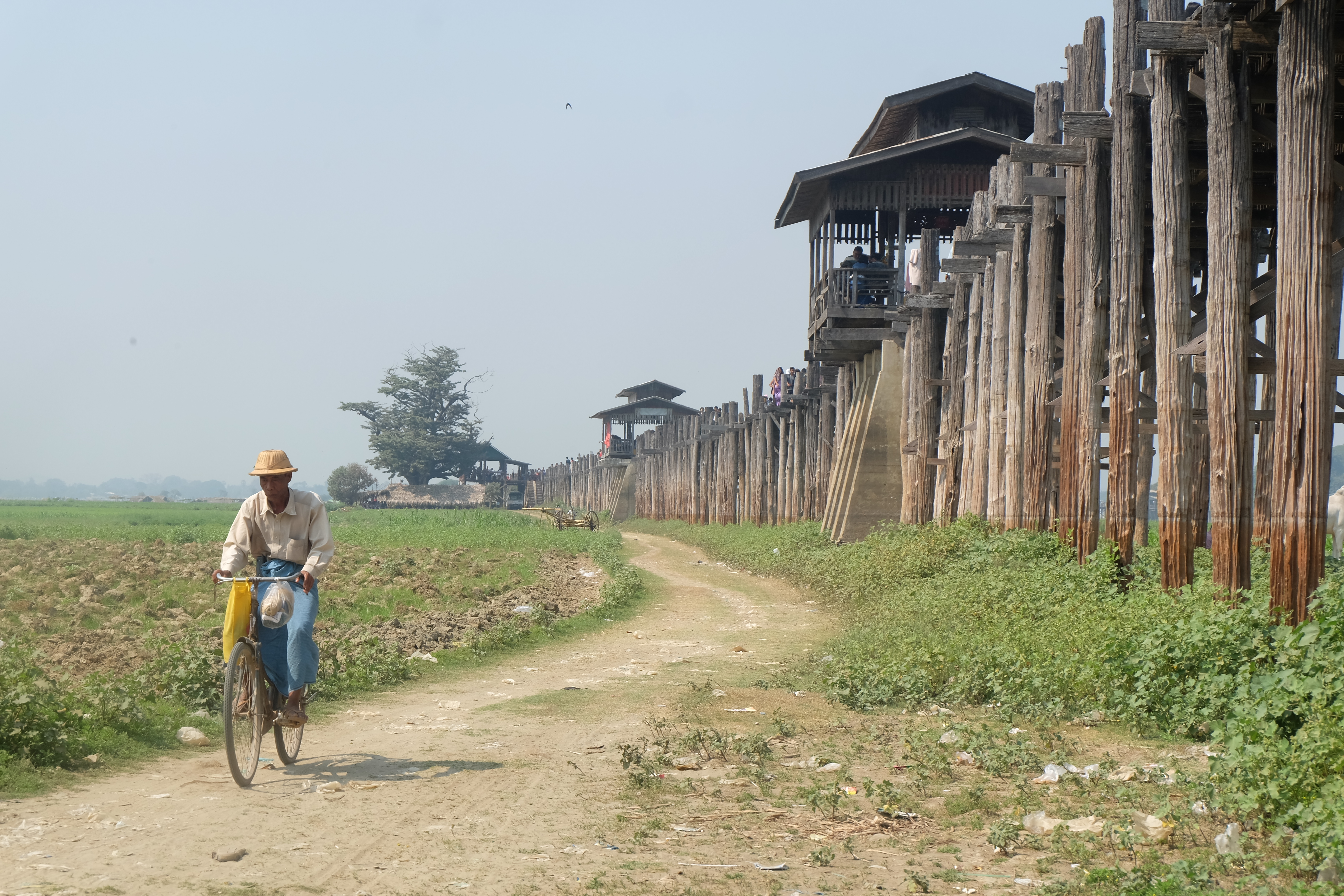 A man cycles along side tourist attraction U Bein Bridge near Amarapura. (Lorcan Lovett)