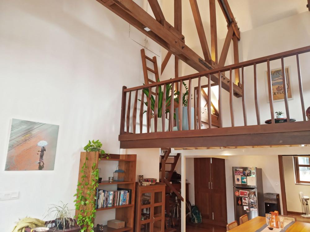 Stairs leading up to the mezzanine. 