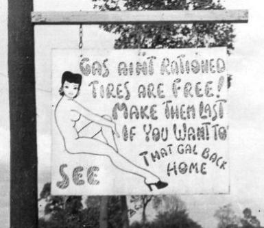 This sign references gas rationing in the USA, urging conservation on the Stilwell Road too.