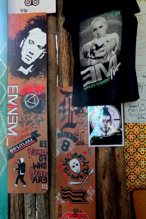 Eminem memorabilia fills Innlay Hut. 