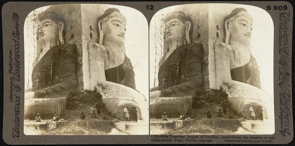 Towering images of Buddha, symbolizing the serenity of self-renunciation in Pegu.