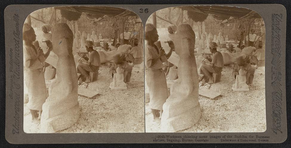 Workmen chiseling stone images of the Buddha for Burmese shrines in Sagaing.