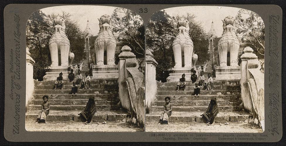 Up 400 steps to prayer - hilltop pagoda guarded by lions in Sagaing.