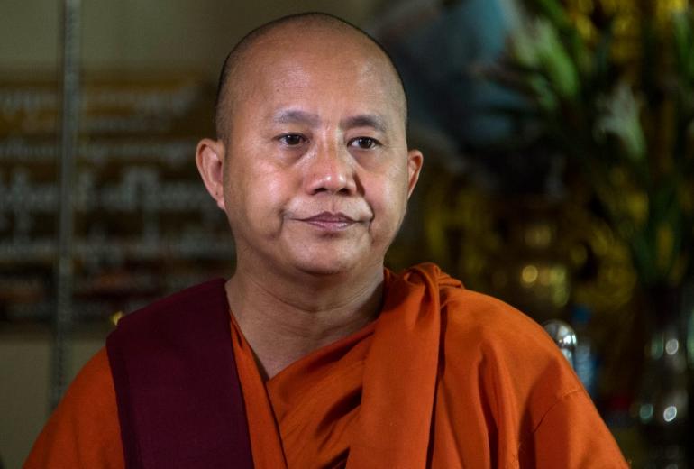  Ultra-nationalist monk Wirathu meets with supporters at a monastery in Yangon on March 10, 2018 to give a sermon marking the end of a year-long ban on public speaking. (Ye Aung Thu / AFP)