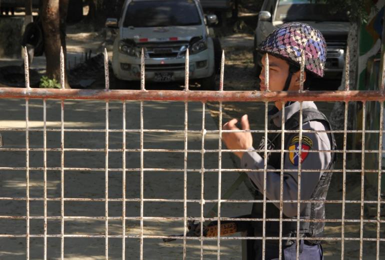  A police guards the police station in Inn Din in Rakhine state on January 24, 2019. (Richard Sargent / AFP)