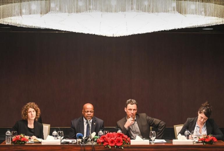 The visiting delegates of the International Criminal Court speak on their primary investigation into the atrocities carried out against the Rohingya during Myanmar's military crackdown against the Muslim group in August 2017. (Munir Uz Zaman / AFP)