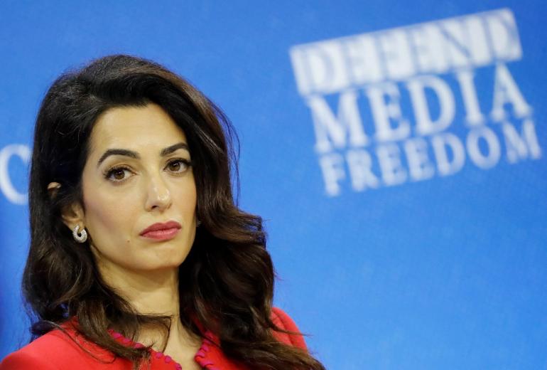 Lebanese-British human-rights lawyer Amal Clooney takes part in a panel discussion at the Global Conference for Media Freedom in London on July 10, 2019. (Tolga Akmen / AFP)