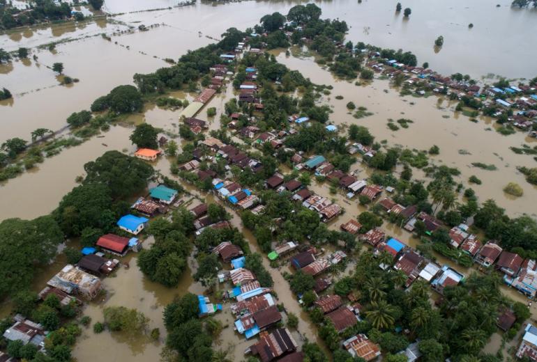  This aerial view shows the flooding in Shwegyin township, Bago region on August 8, 2019. (Sai Aung Main / AFP)