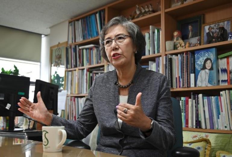 Yanghee Lee, a university professor in Seoul who is the United Nations Special Rapporteur on human rights to Myanmar, speaks during an interview with AFP in her office at Sung Kyun Kwan University in Seoul on September 3, 2019. (Jung Yeon-je / AFP)