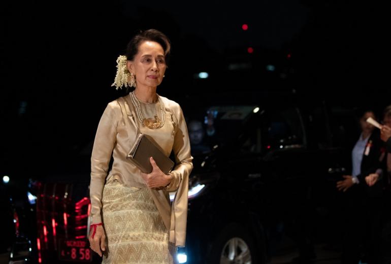 Myanmar's leader Aung San Suu Kyi arrives at the Imperial Palace for the court banquet in Tokyo on October 22, 2019. (Pierre Emmanuel Deletree / Pool / AFP)