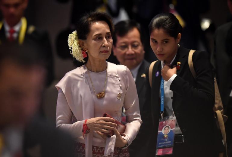  Myanmar State Counsellor Aung San Suu Kyi attends the plenary session of the 35th Association of Southeast Asian Nations (ASEAN) summit in Bangkok on November 2, 2019. (Lillian Suwanrumpha / AFP)