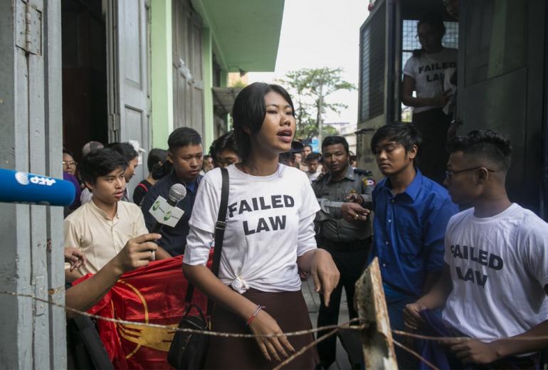 Kay Khine Tun, a performer of Peacock Generation group speaks to journalists peak after a trial in Yangon on November 18, 2019. (Sai Aung Main / AFP)