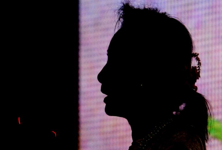 yanmar State Counsellor Aung San Suu Kyi speaks before the centennial celebrations of Yangon University in Naypyidaw on December 2. (AFP / Thet Aung)