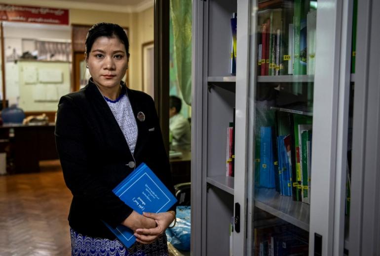   Legal Clinic Myanmar director Hla Hla Yee poses at the Gender Equality Network office in Yangon. (Shwe Paw Mya Tin / AFP)