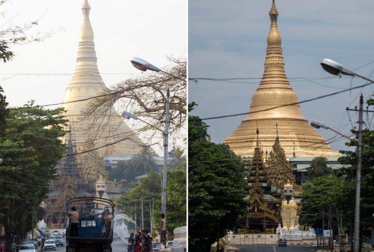 Thingyan celebrations on April 13, 2014 (L) and a general view showing the Shwedagon pagoda on the first day of Thingyan on April 12, 2020, amid restrictions put in place to halt the spread of the Covid-19. (Ye Aung Thu / AFP)