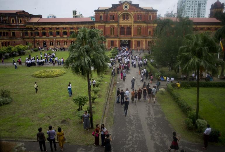 People visit the Ministers' Building, formerly known as the Secretariat Building, where General Aung San and eight others were assassinated, during an event marking the anniversary of Martyrs' Day in Yangon. (Ye Aung Thu / AFP)