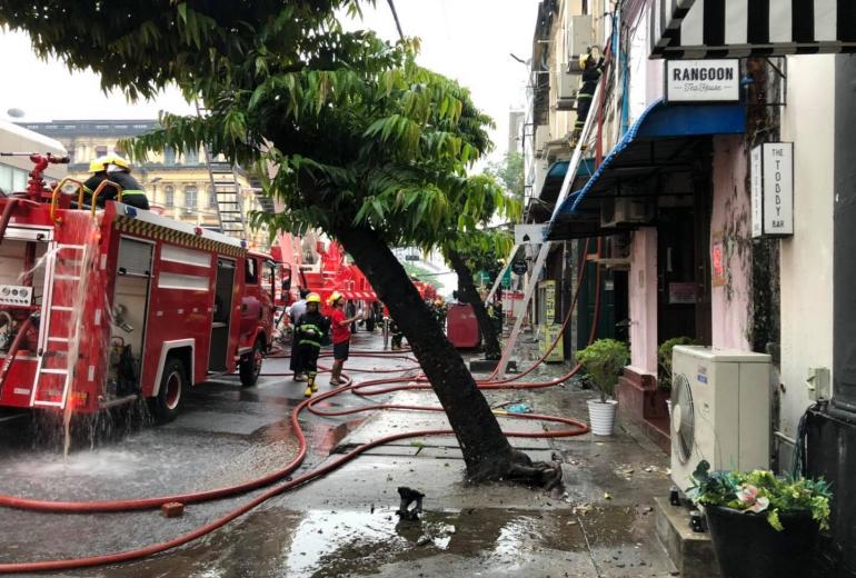 Firefighters outside Rangoon Tea House in downtown Yangon. (Facebook / Rangoon Tea House)