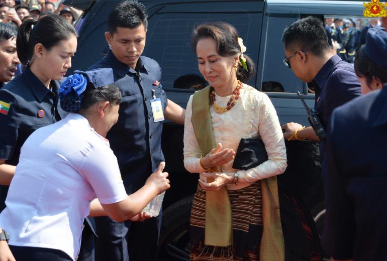 Aung San Suu Kyi held public meetings in Lashio and Pyin Oo Lwin on March 10. (Facebook / Myanmar State Counsellor Office)