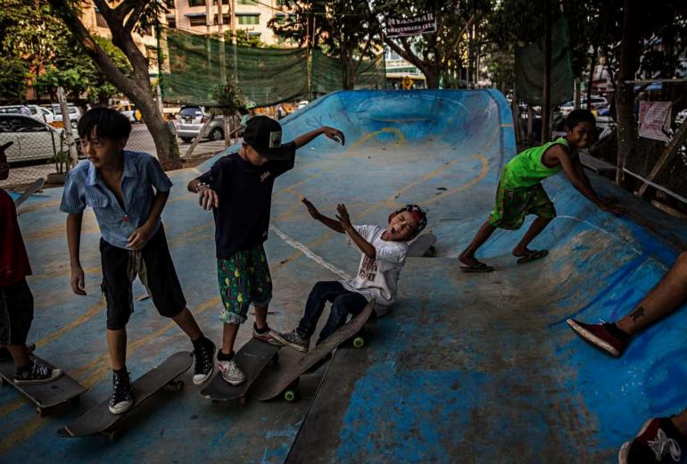 Young skateboarders play at Mya Lay Yone Skate Park in Kamayut township, Yangon. (Pushing Myanmar)